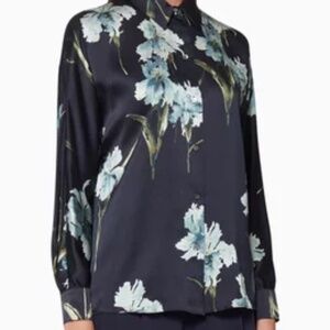 Vince 100% Silk Floral Button Down Shirt Navy Blue Iris Print Size Medium